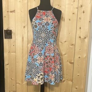 Halter Patchwork Mini Dress in Light Blue & Red